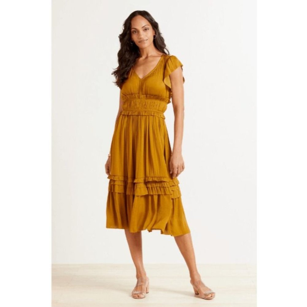 Roan + Ryan Womens Talulah BOHO Midi Dress Small Mustard Yellow Ruffled V-Neck